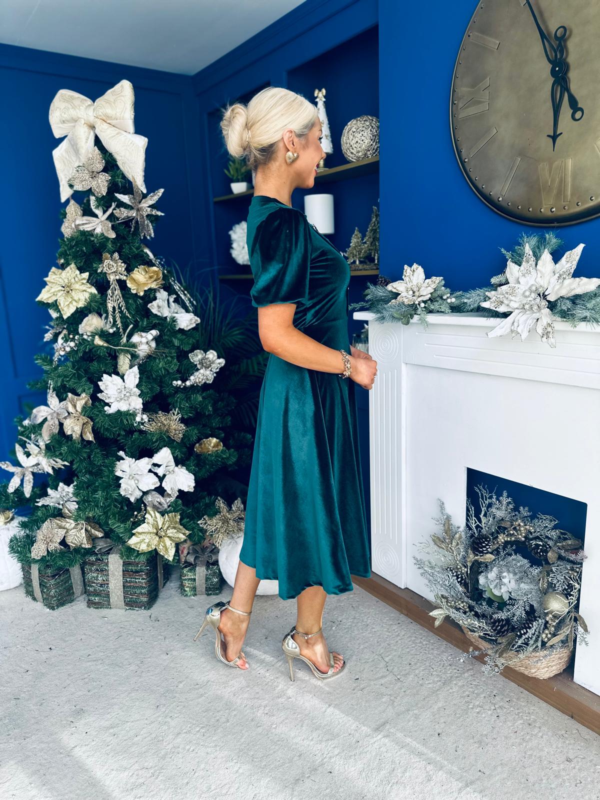 Colette Puff Sleeve Gold Detail Velvet Dress Forest