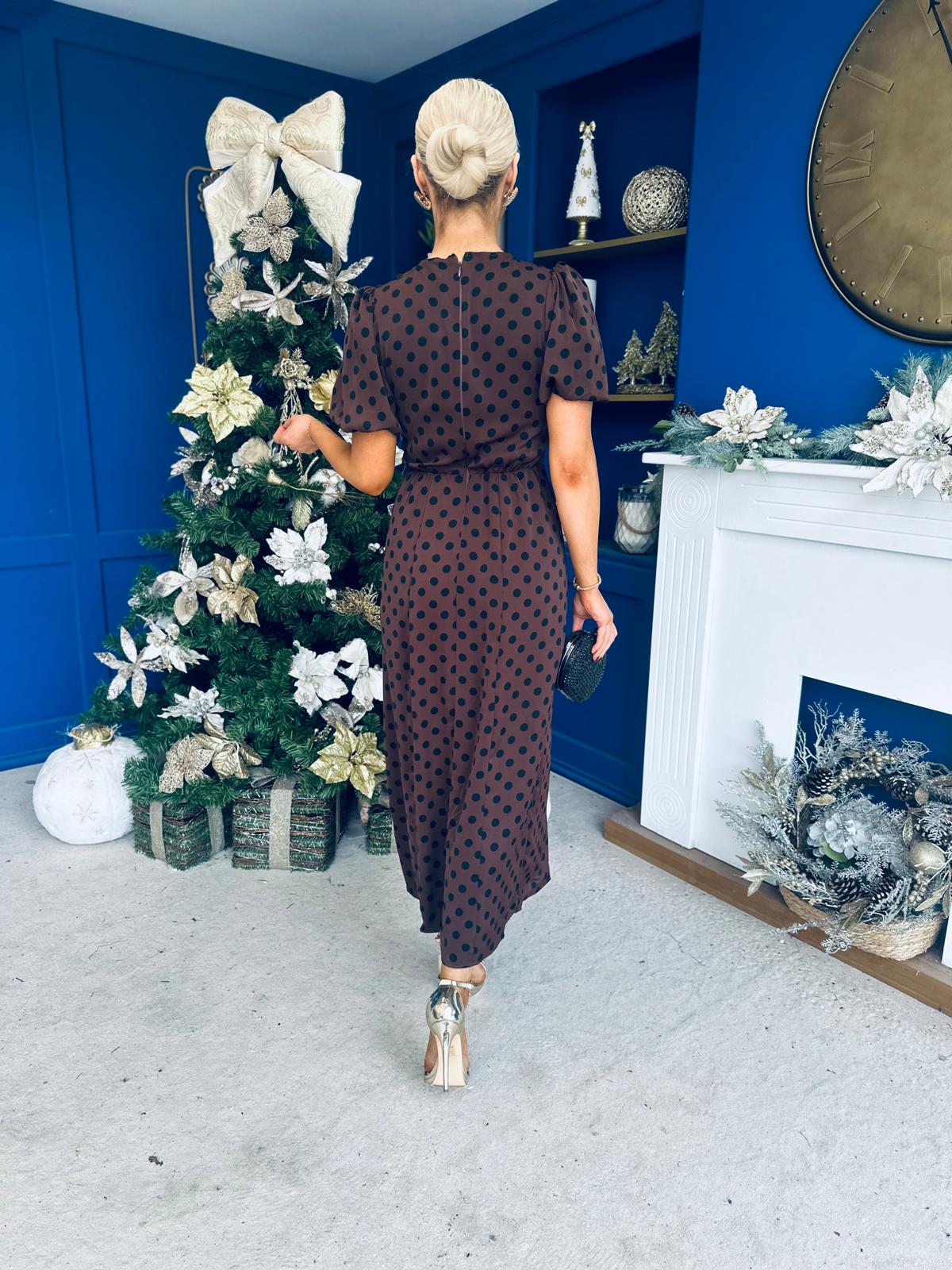 Caroline Puff Sleeve Midi Dress Black Polka Coco