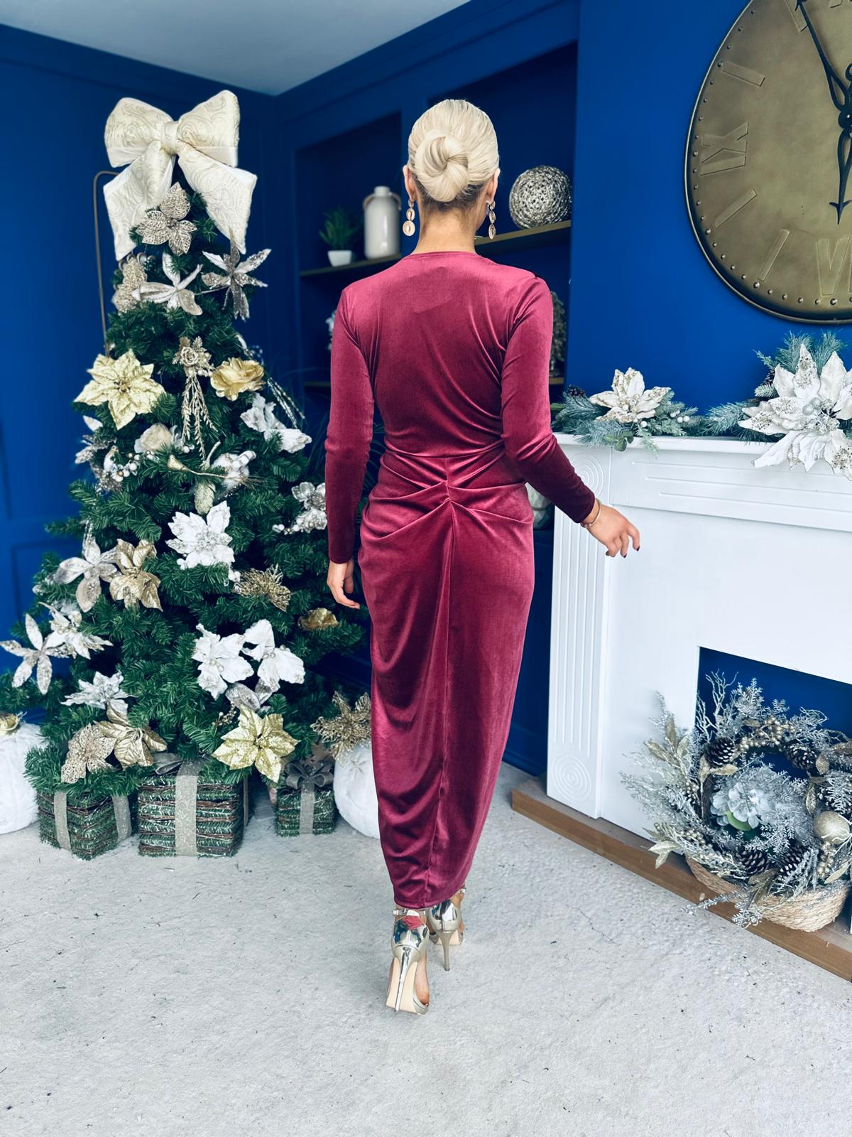 Eleanor Plunge Neck Velvet Occasion Dress Burgundy