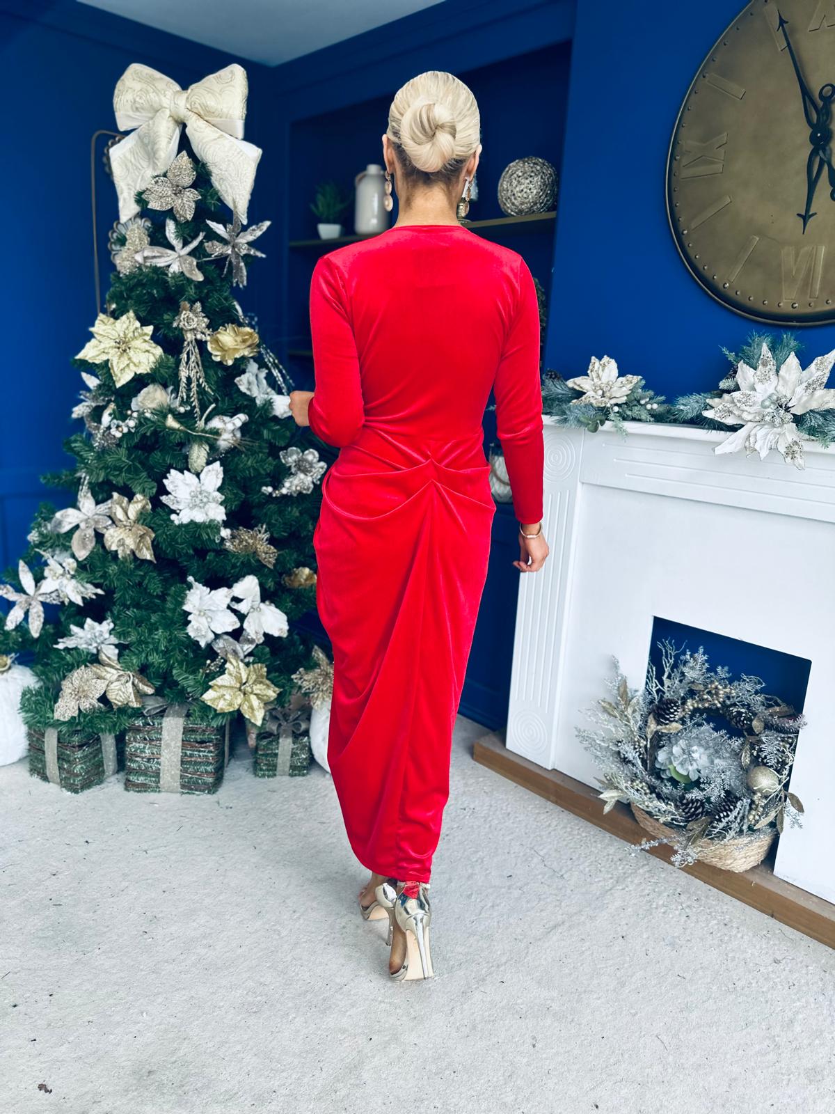 Eleanor Plunge Neck Velvet Occasion Dress Red