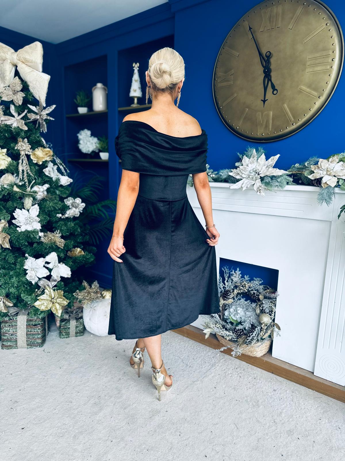 Olivia Velvet Bardot Occasion Dress Black