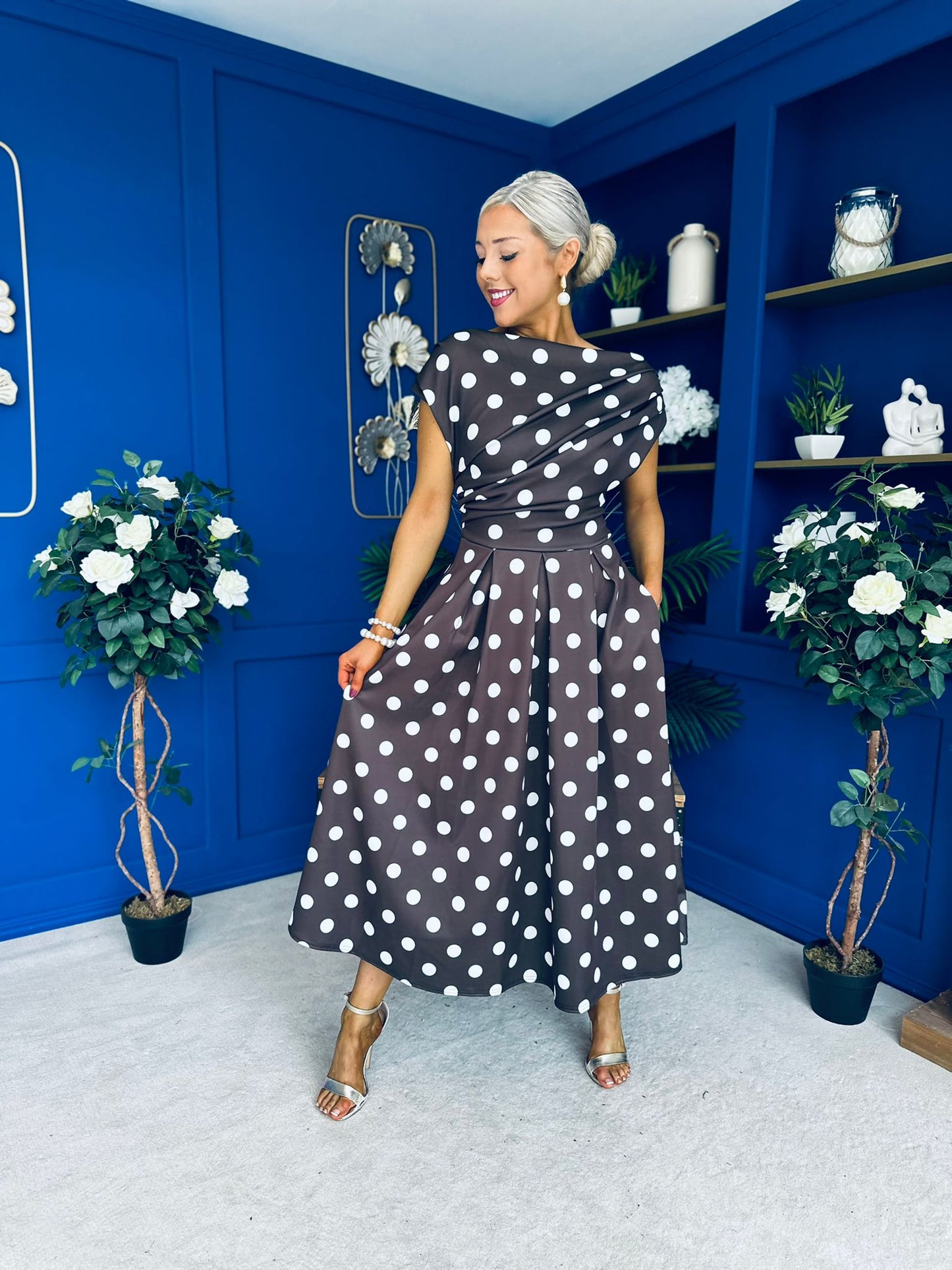 Breffy Asymmetric Neckline Skater Midi Polka Coco