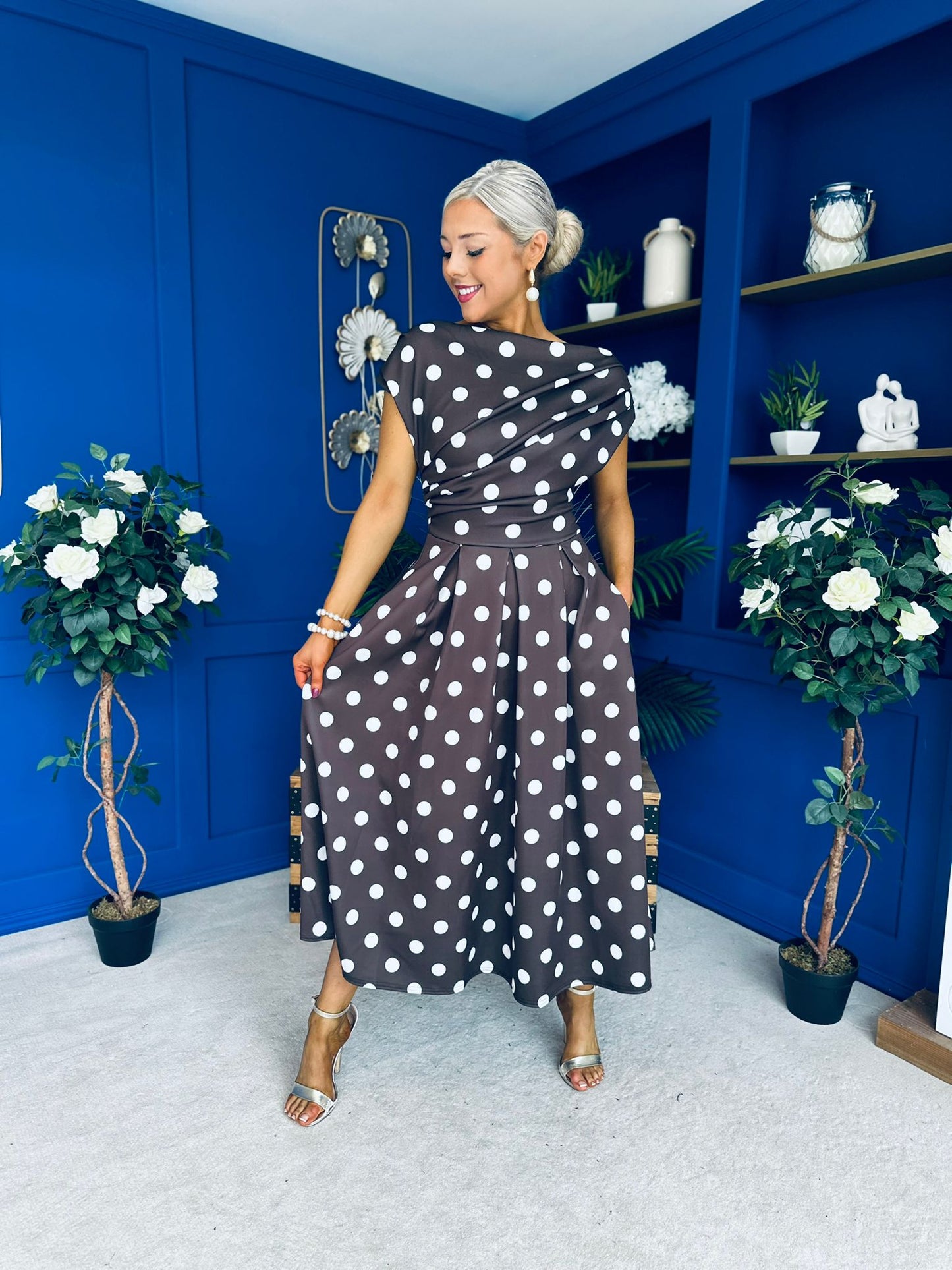 Breffy Asymmetric Neckline Skater Midi Polka Coco