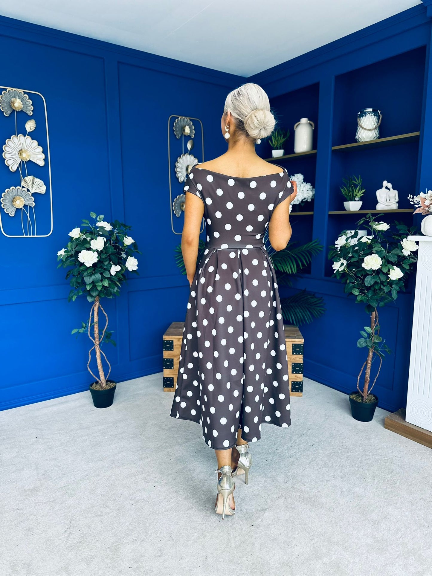 Breffy Asymmetric Neckline Skater Midi Polka Coco