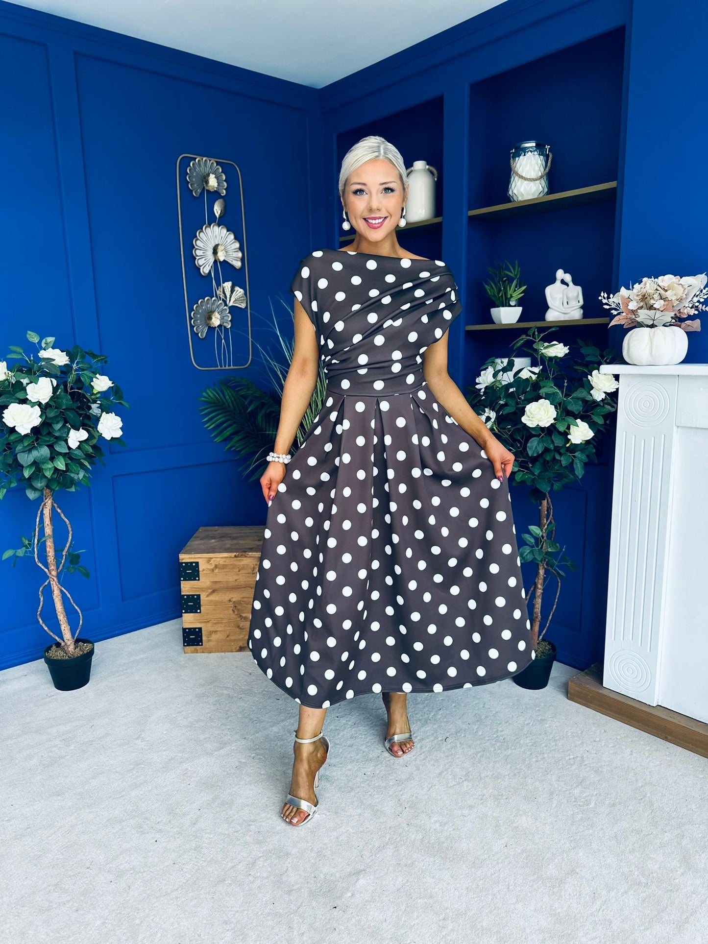 Breffy Asymmetric Neckline Skater Midi Polka Coco