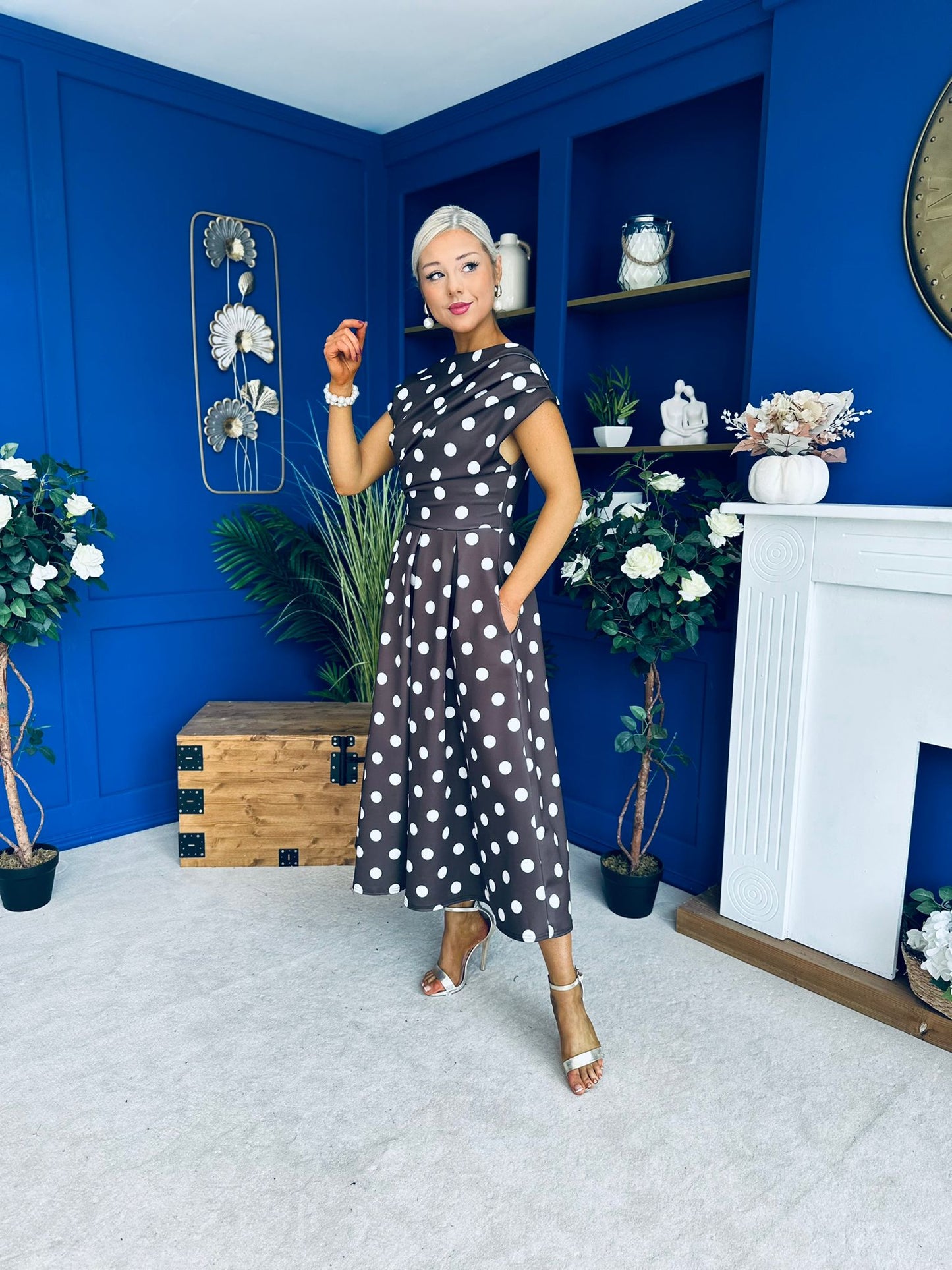 Breffy Asymmetric Neckline Skater Midi Polka Coco