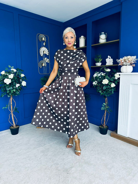 Breffy Asymmetric Neckline Skater Midi Polka Coco
