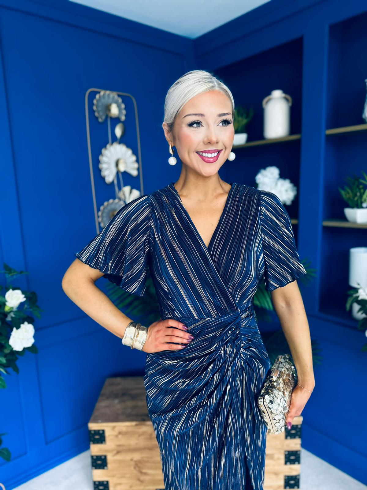 Isla Plisse Wrap Front Midi Dress Gold & Navy