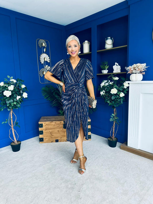 Isla Plisse Wrap Front Midi Dress Gold & Navy