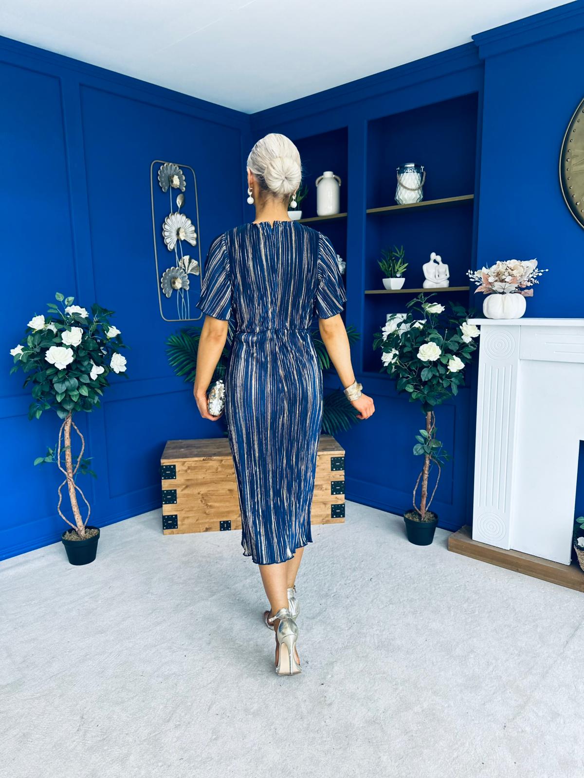 Isla Plisse Wrap Front Midi Dress Gold & Navy