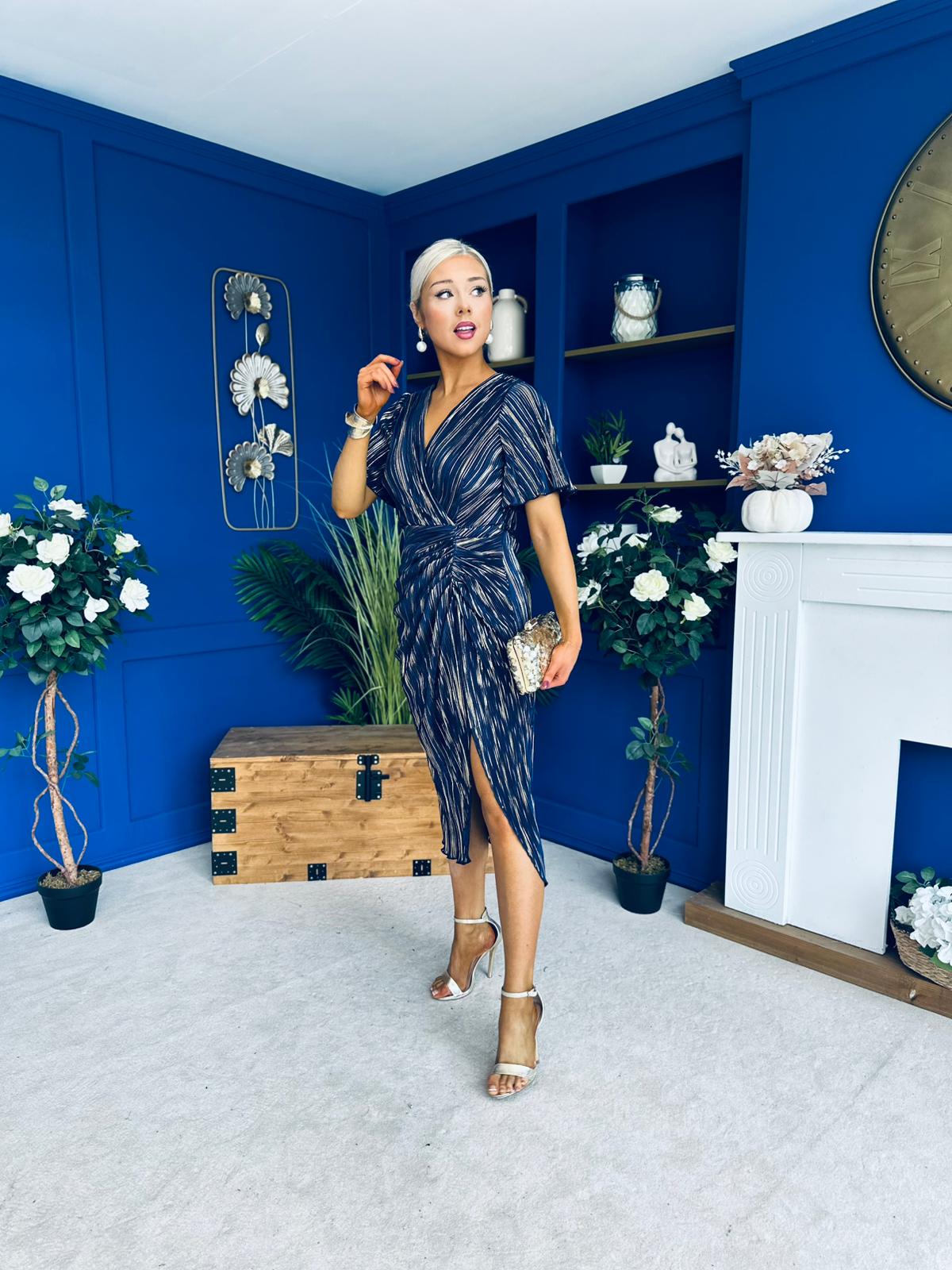 Isla Plisse Wrap Front Midi Dress Gold & Navy