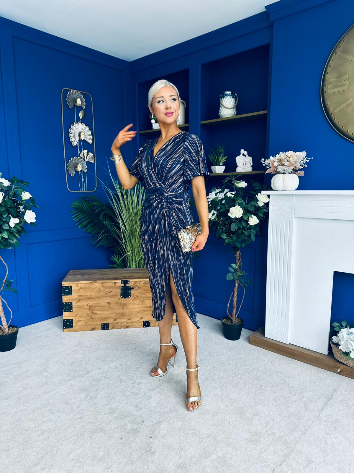 Isla Plisse Wrap Front Midi Dress Gold & Navy