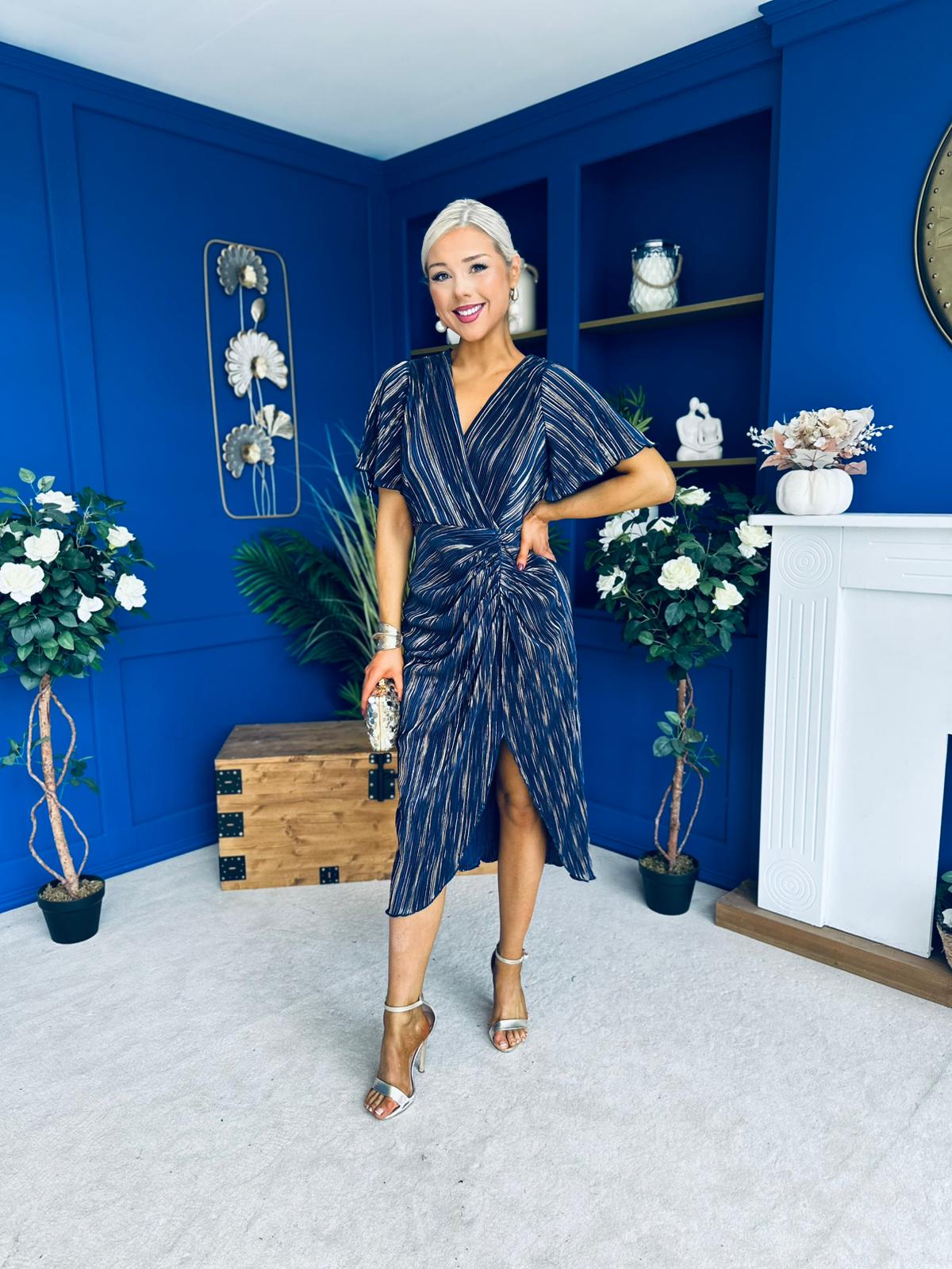 Isla Plisse Wrap Front Midi Dress Gold & Navy