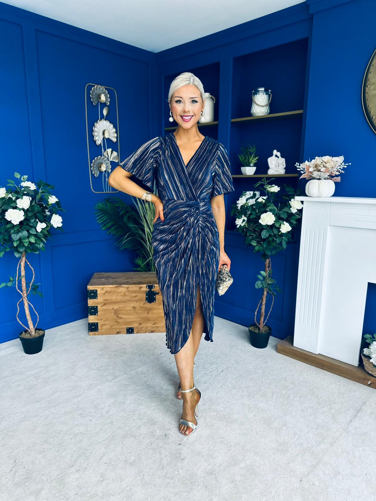 Isla Plisse Wrap Front Midi Dress Gold & Navy