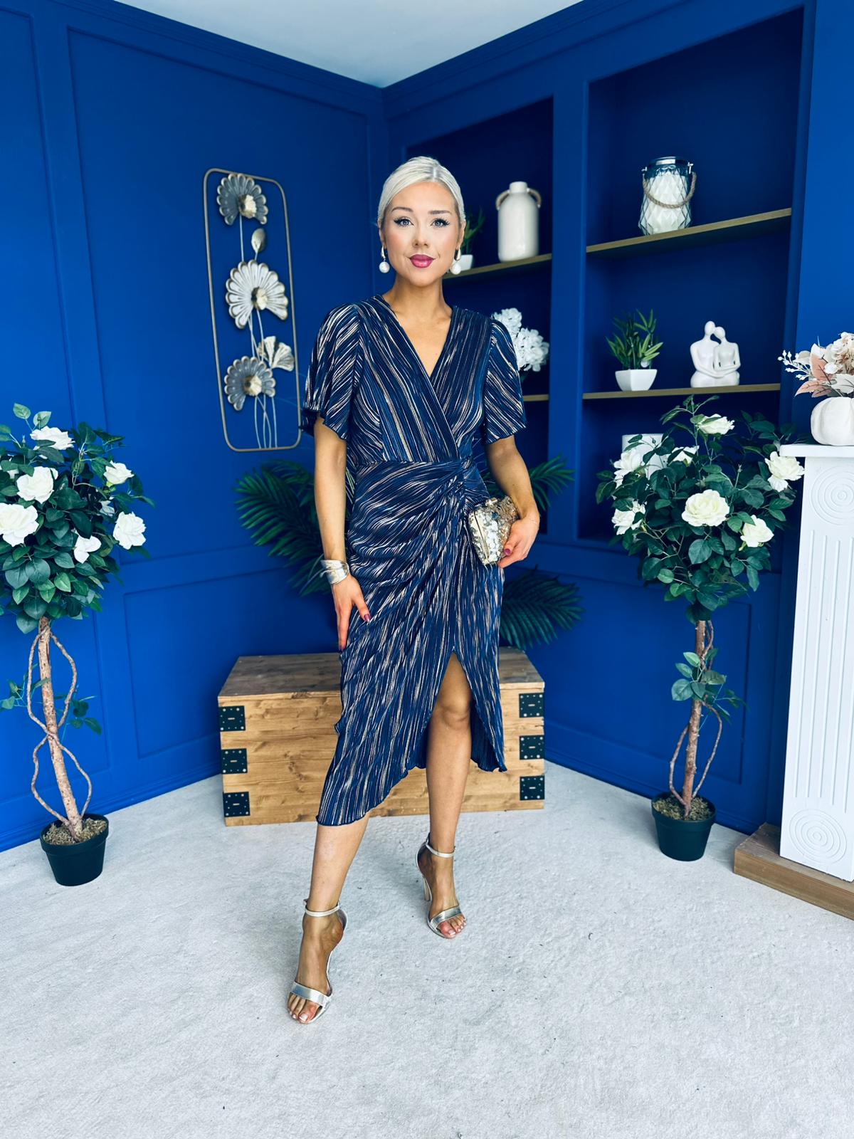 Isla Plisse Wrap Front Midi Dress Gold & Navy