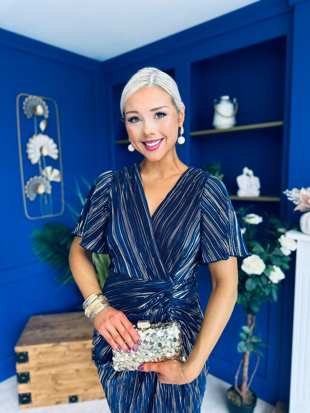 Isla Plisse Wrap Front Midi Dress Gold & Navy