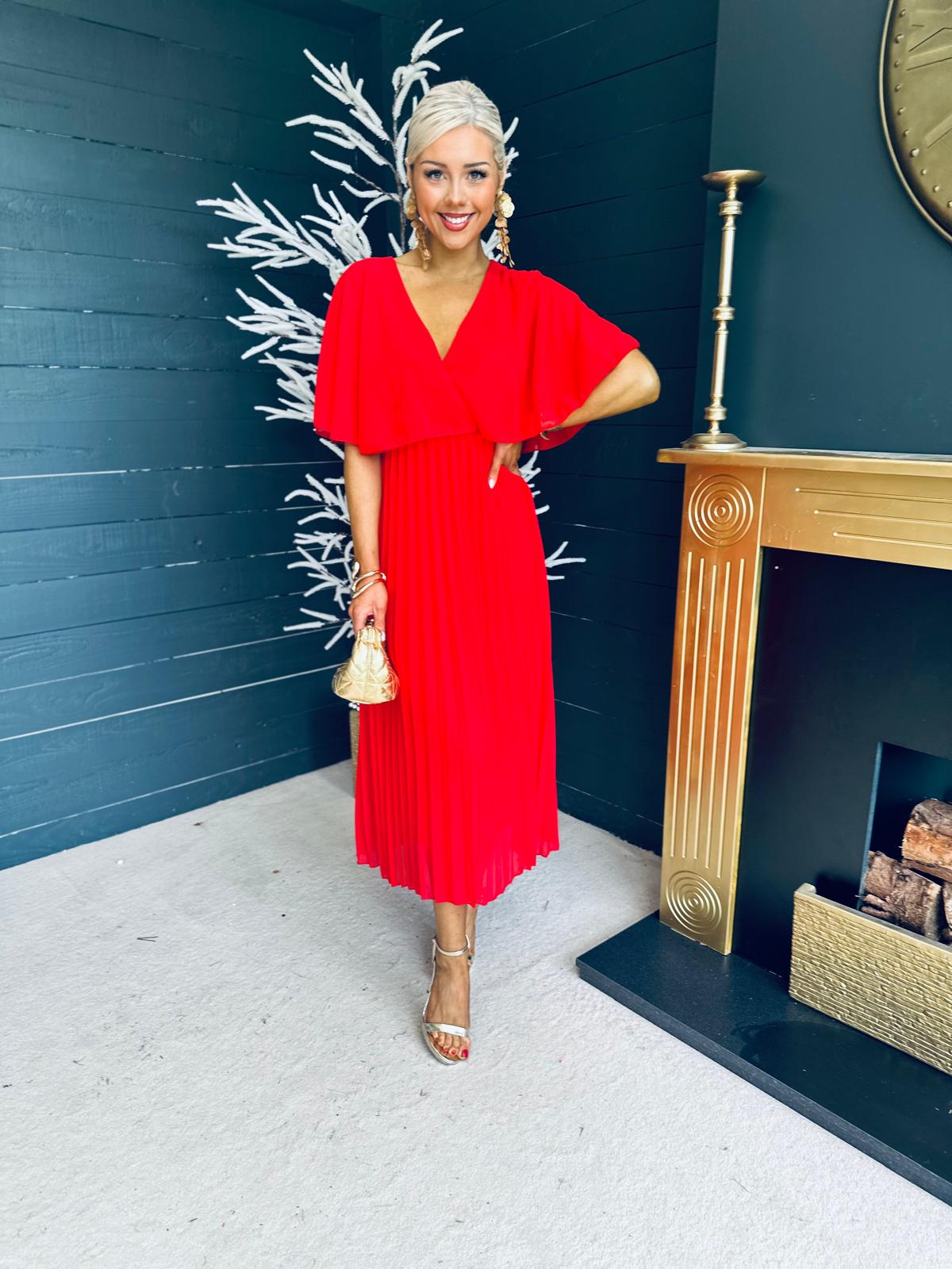staces dresses Stace Pleated Midi Dress Red – Canella Lane