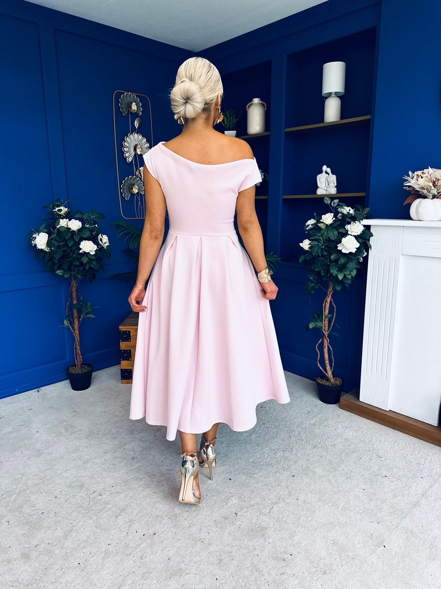 Breffy Asymmetric Neckline Skater Midi Pink Pre Order 26 Feb