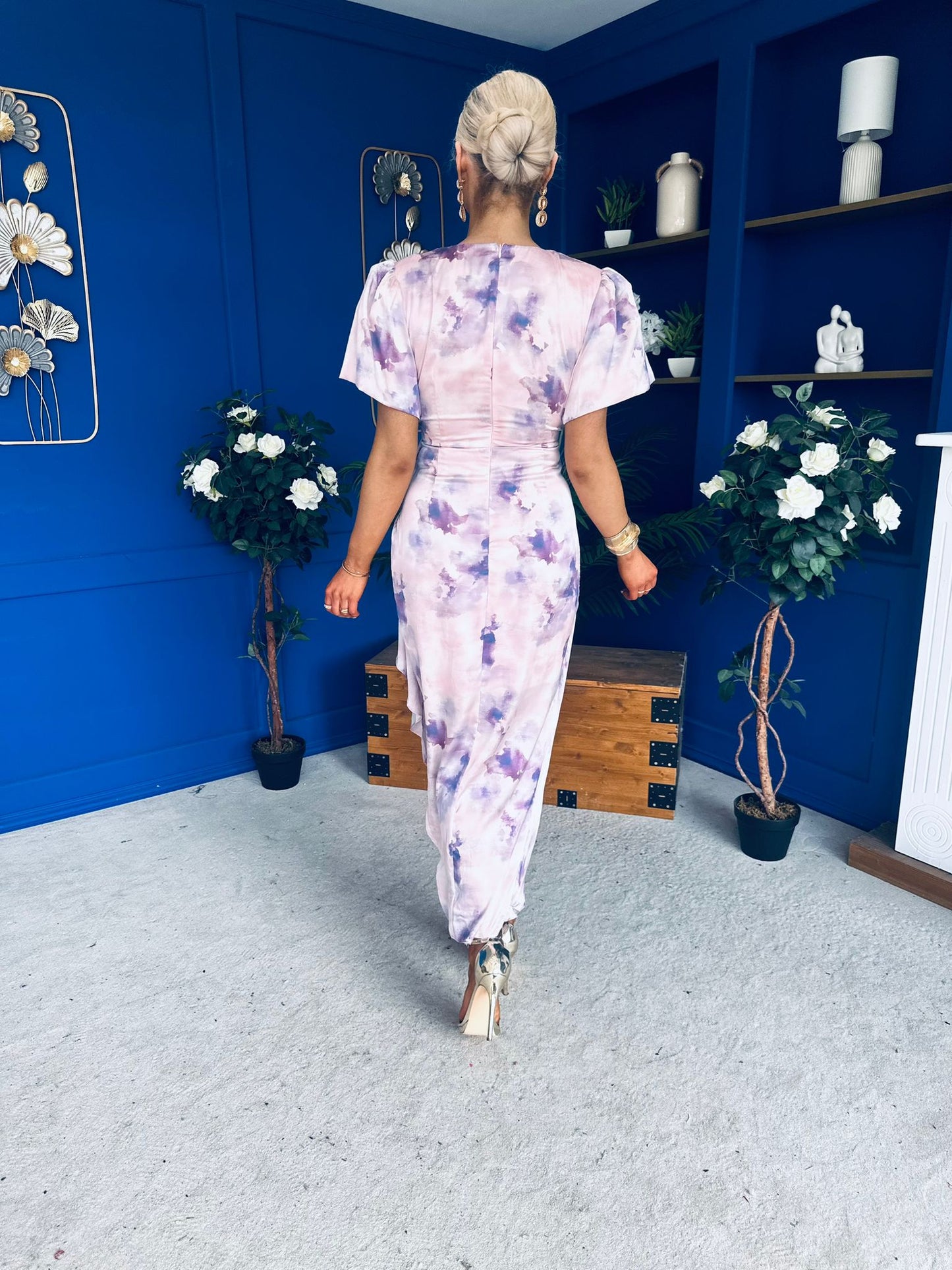 Drew Puff Sleeve Wrap Front Midi Dress Purple Marble