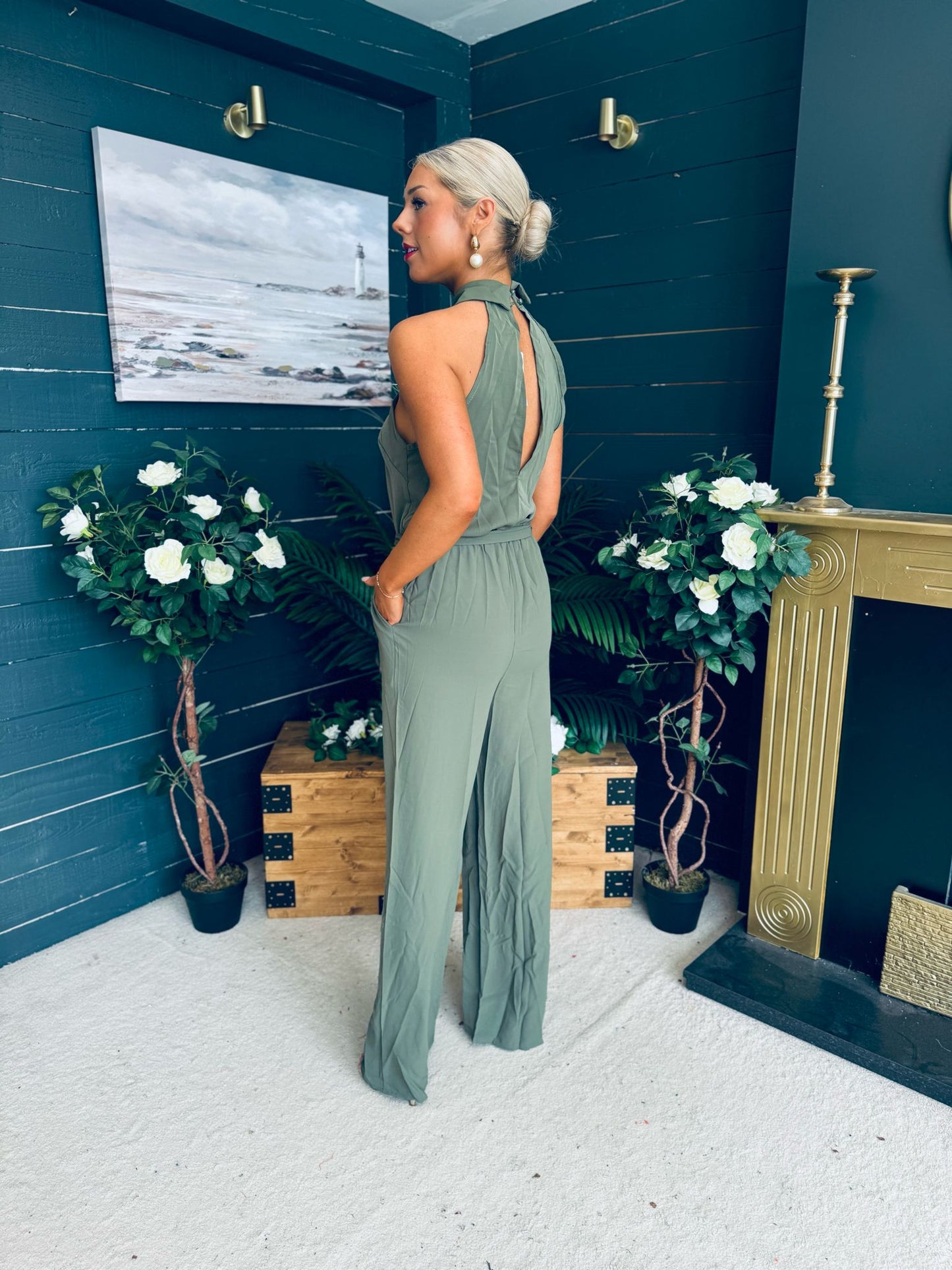 Brandi Halterneck Collared Jumpsuit Khaki
