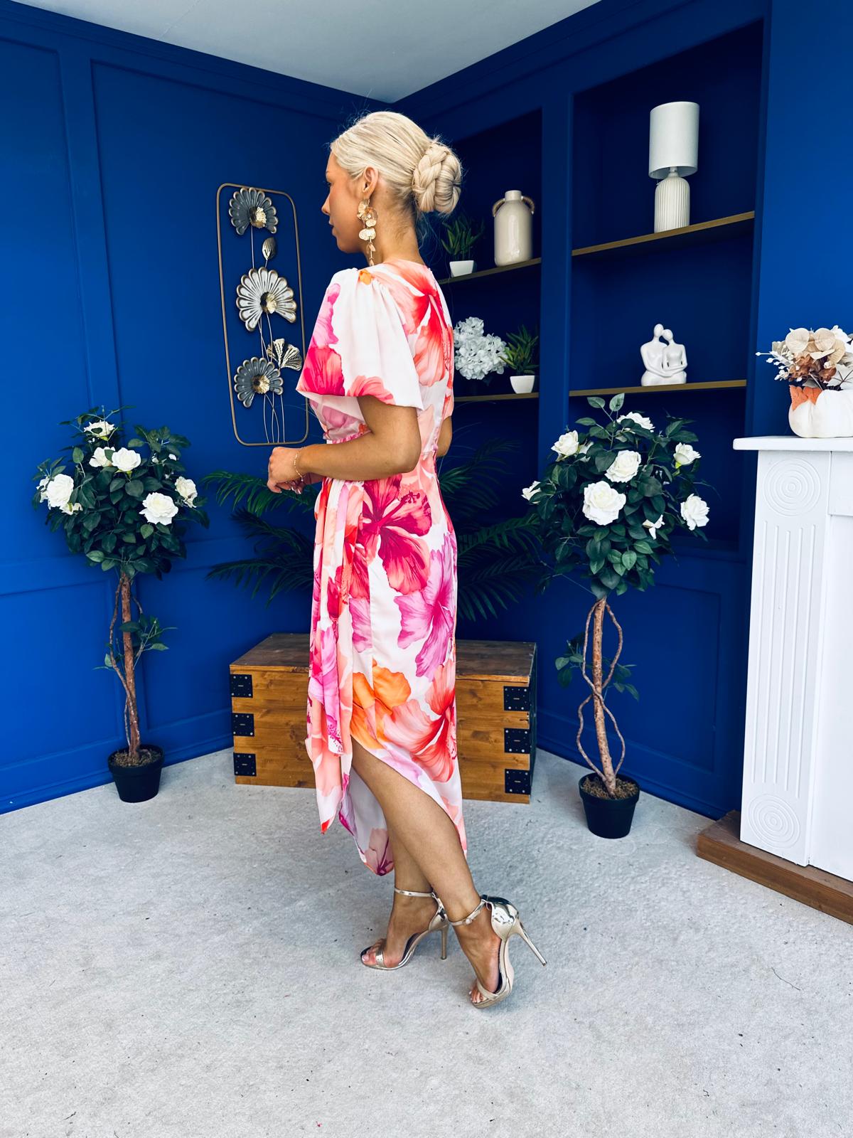 Drew Puff Sleeve Wrap Front Midi Dress Pink & Orange