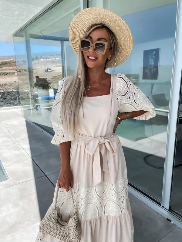 Ruri Crochet Detail Maxi Dress Beige