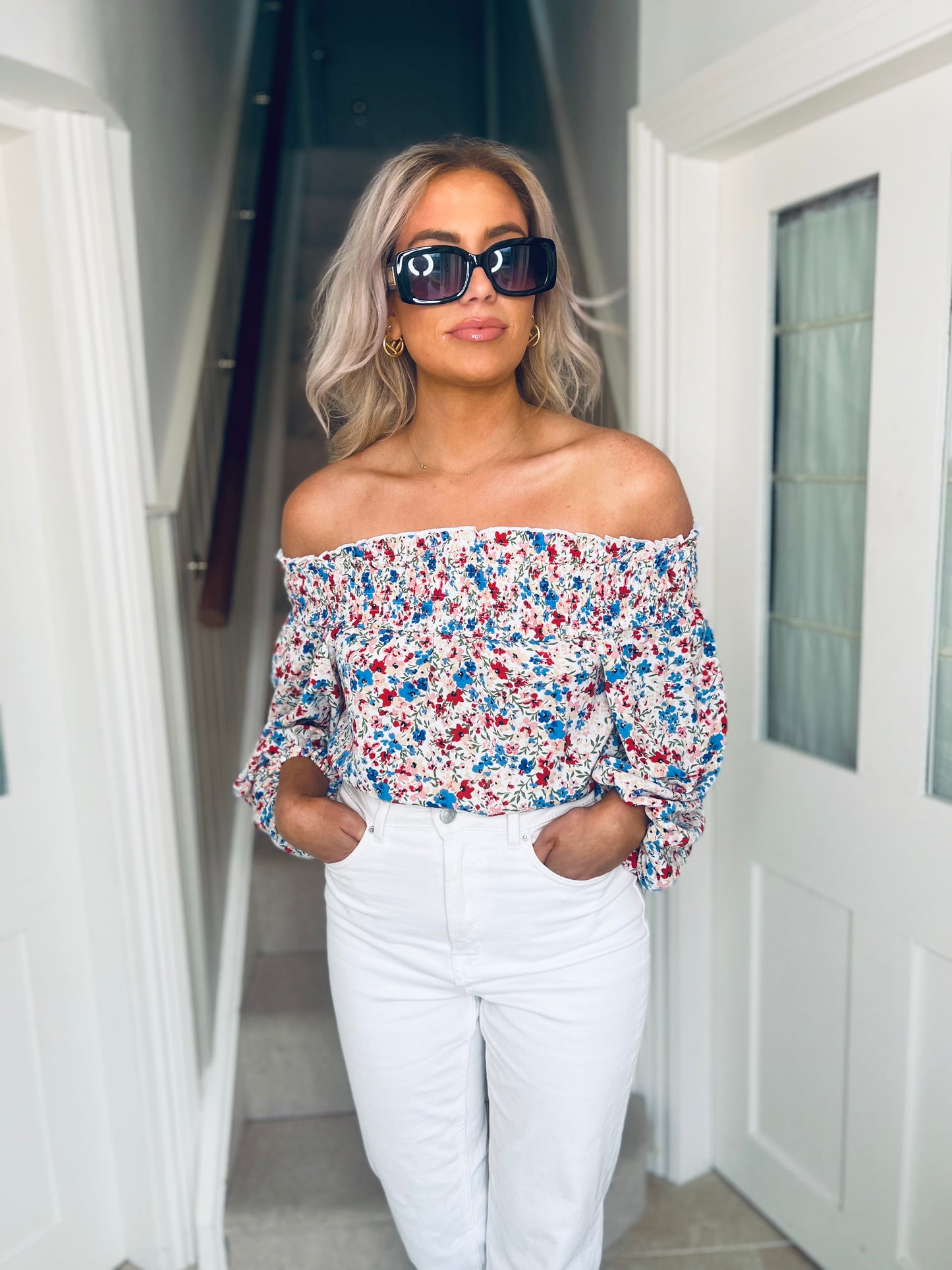 Candace Shirred Bardot Red Ditsy Floral Top