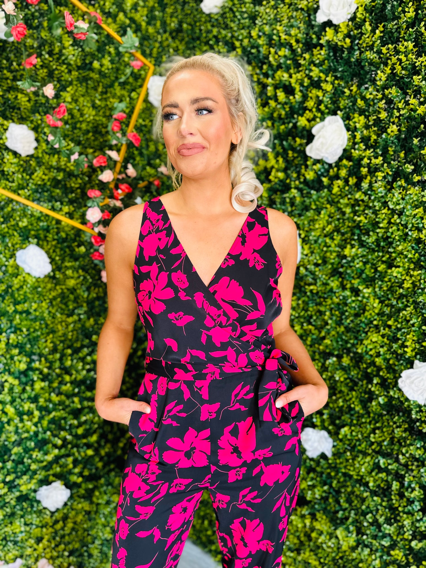 Emani Black & Pink Floral Wrap Neck Jumpsuit