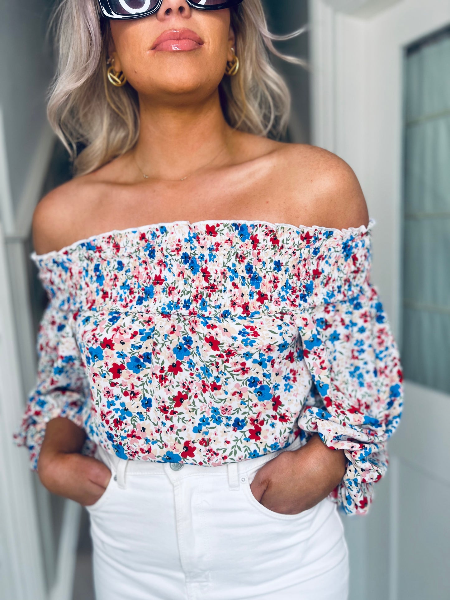 Candace Shirred Bardot Red Ditsy Floral Top
