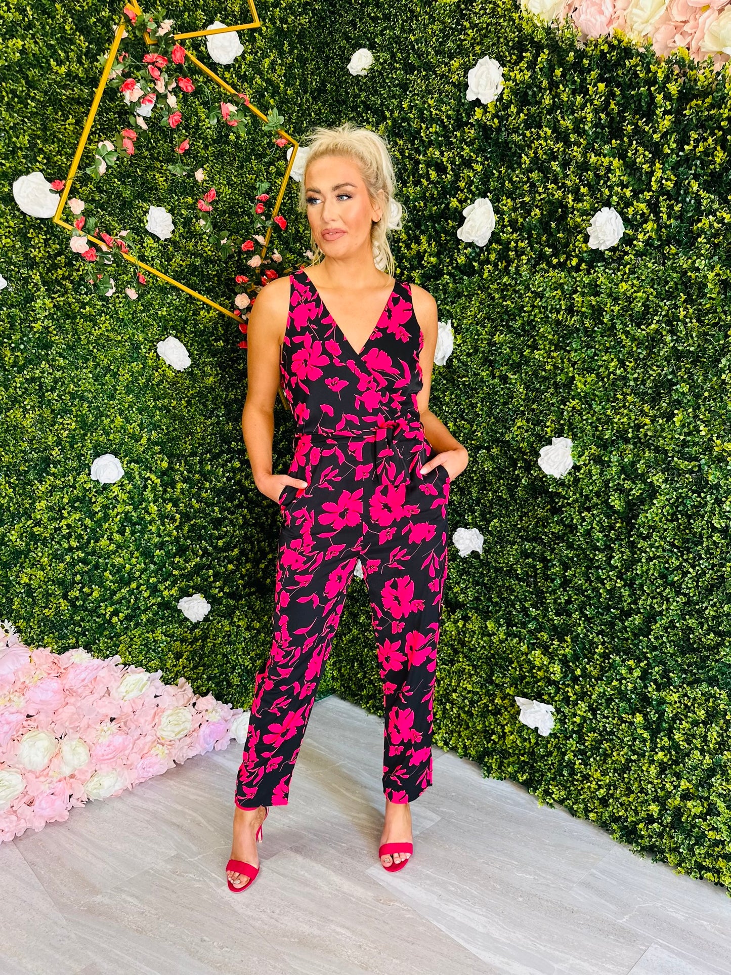 Emani Black & Pink Floral Wrap Neck Jumpsuit