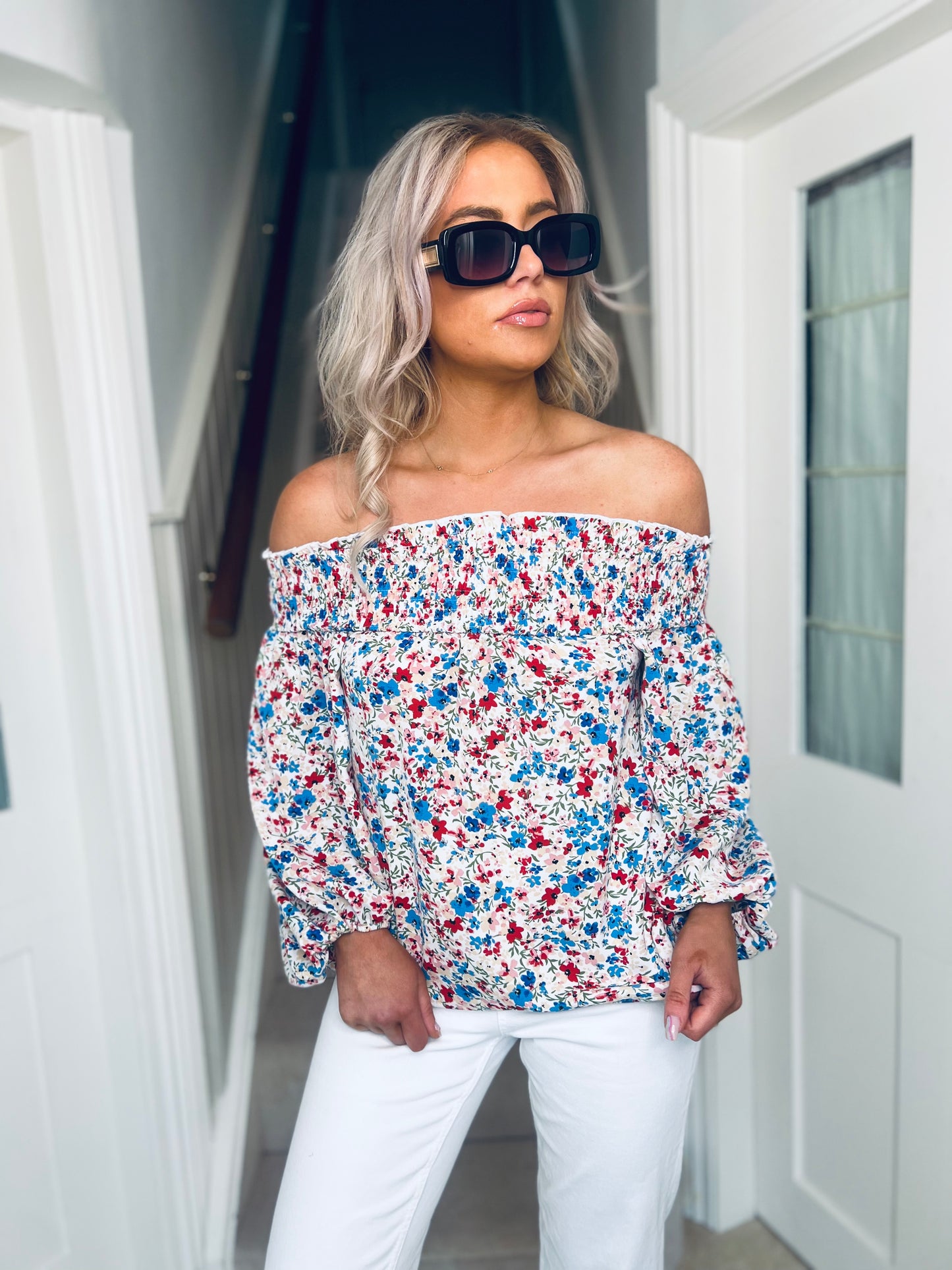Candace Shirred Bardot Red Ditsy Floral Top