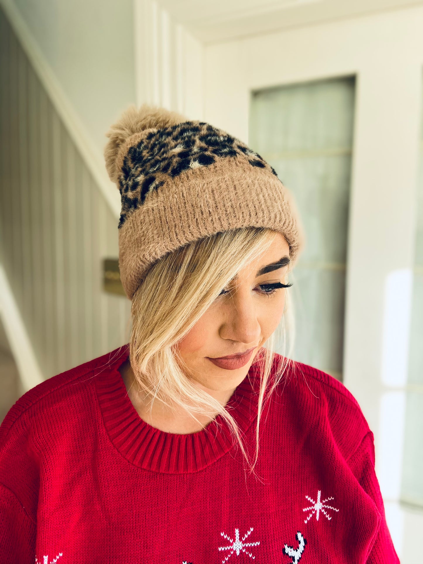 Hallie faux fur leopard print hat Beige