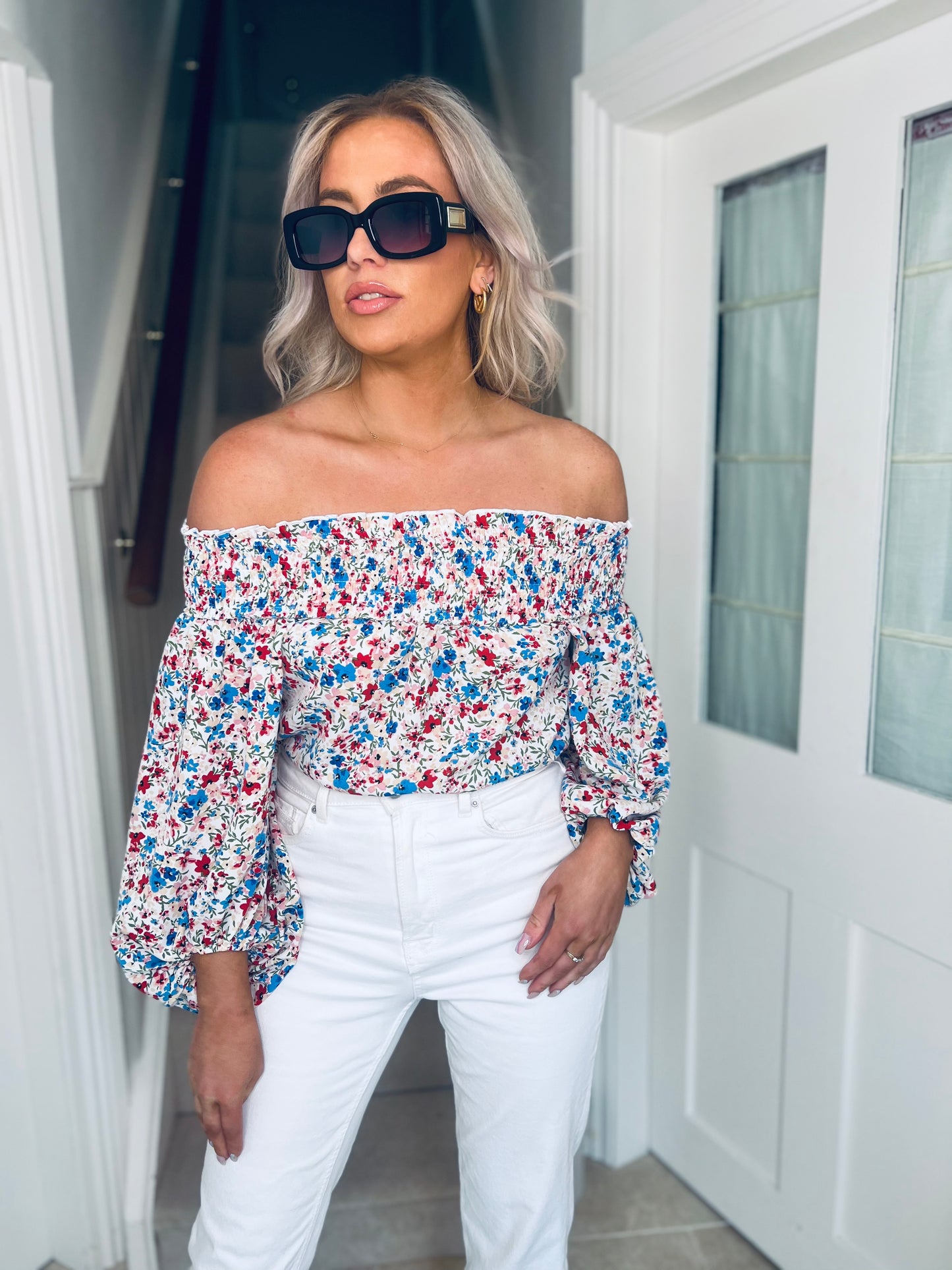 Candace Shirred Bardot Red Ditsy Floral Top