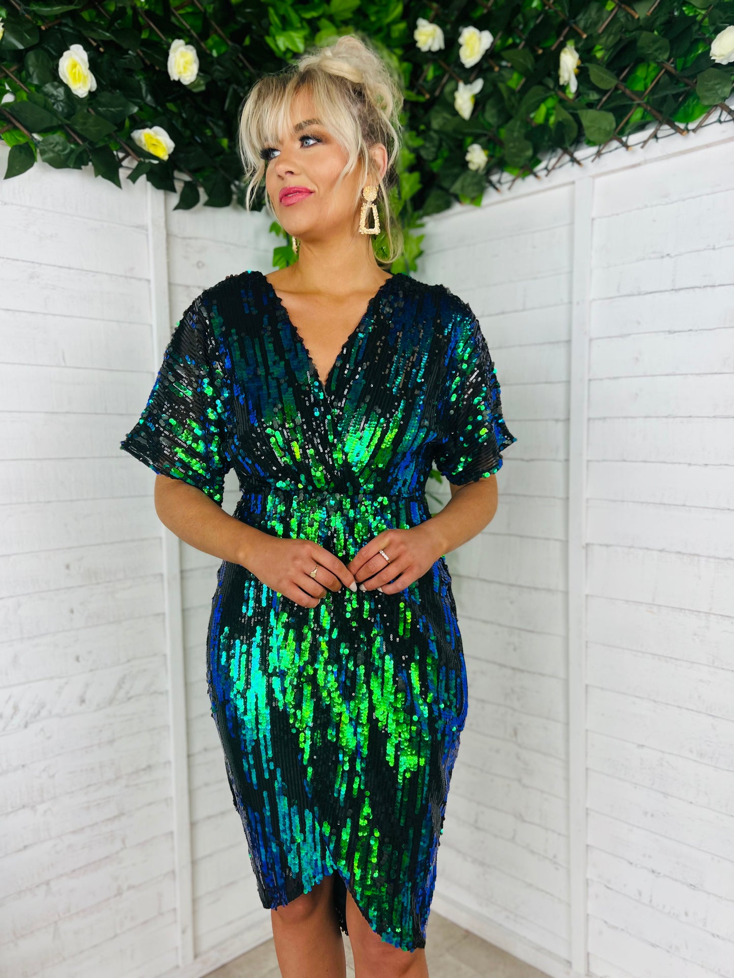 Novah Black Sequin Wrap Detailing Midi Dress