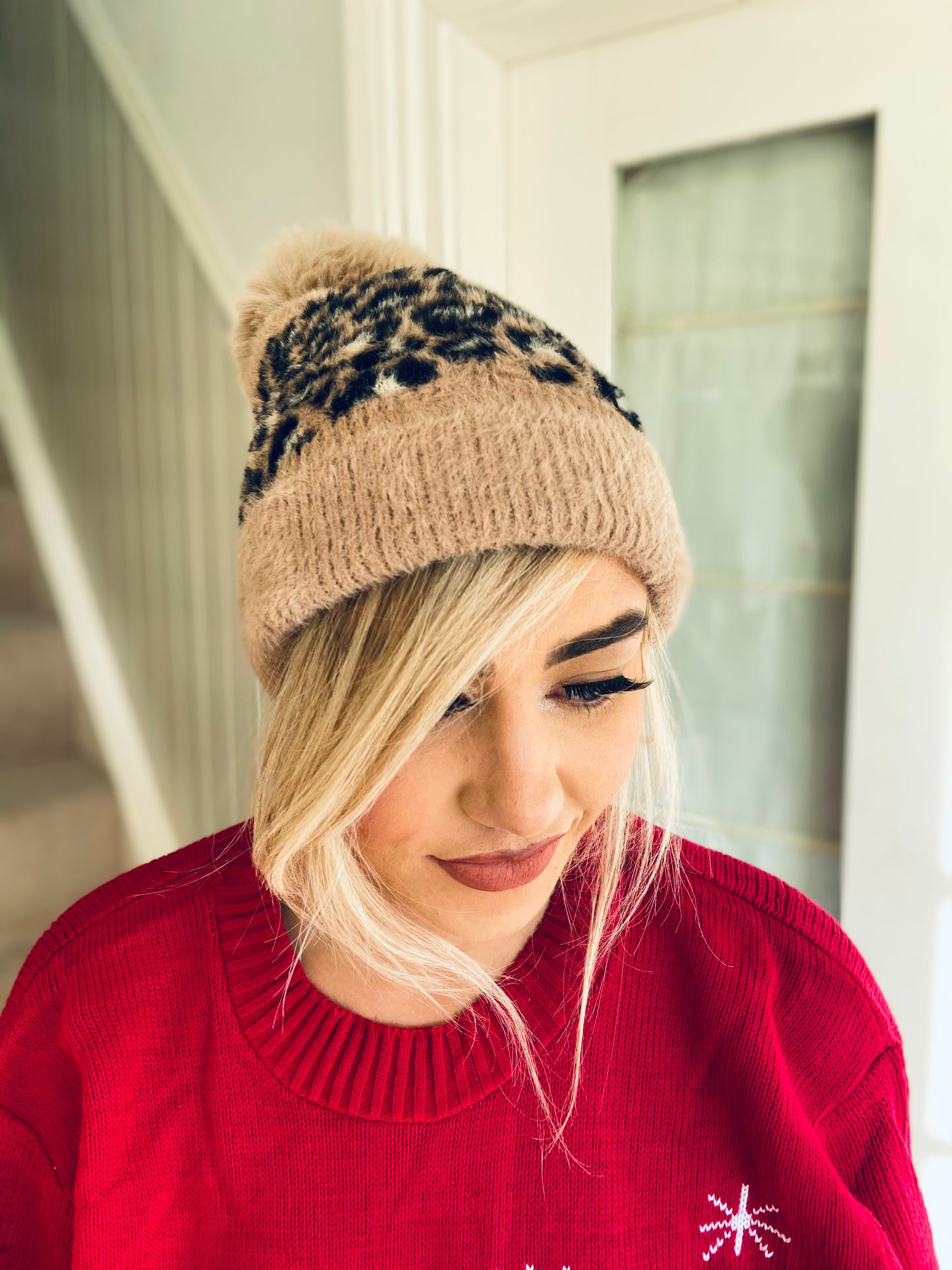 Hallie faux fur leopard print hat Beige