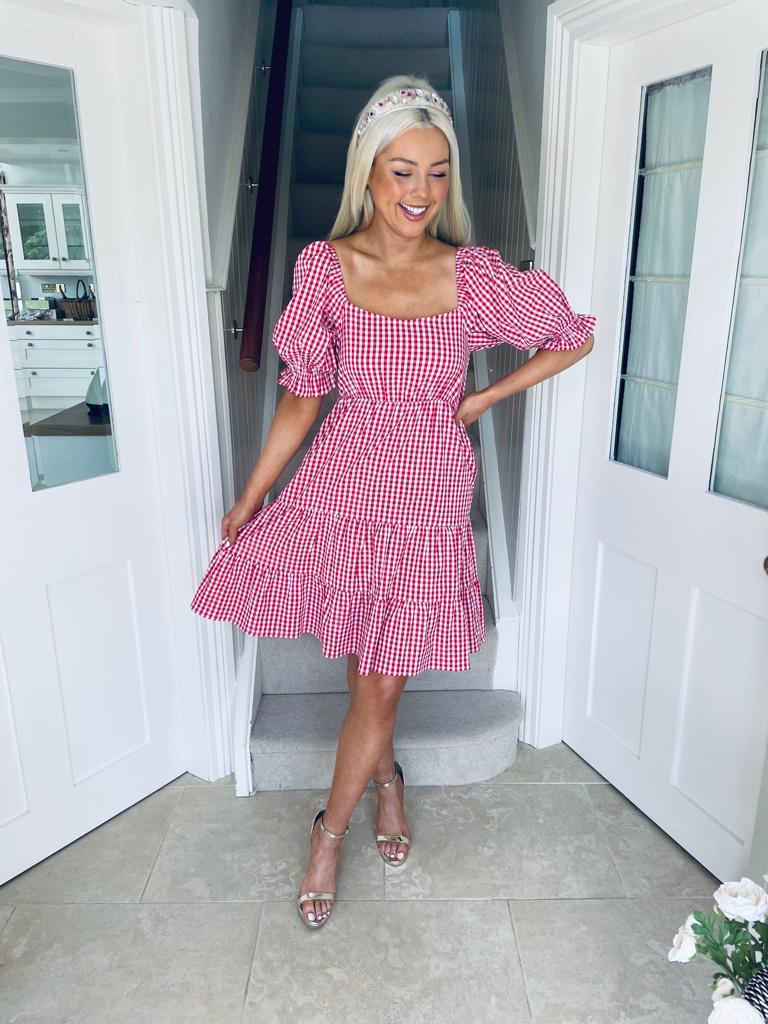 Sofia Tiered Gingham Mini Dress Red