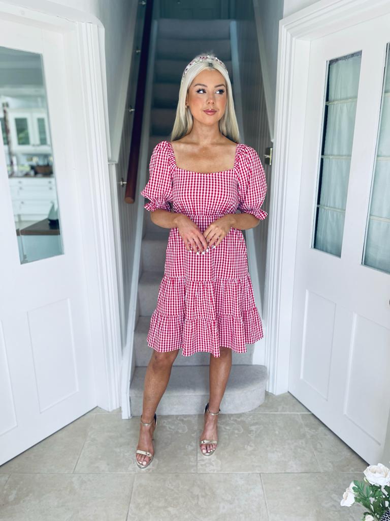 Sofia Tiered Gingham Mini Dress Red