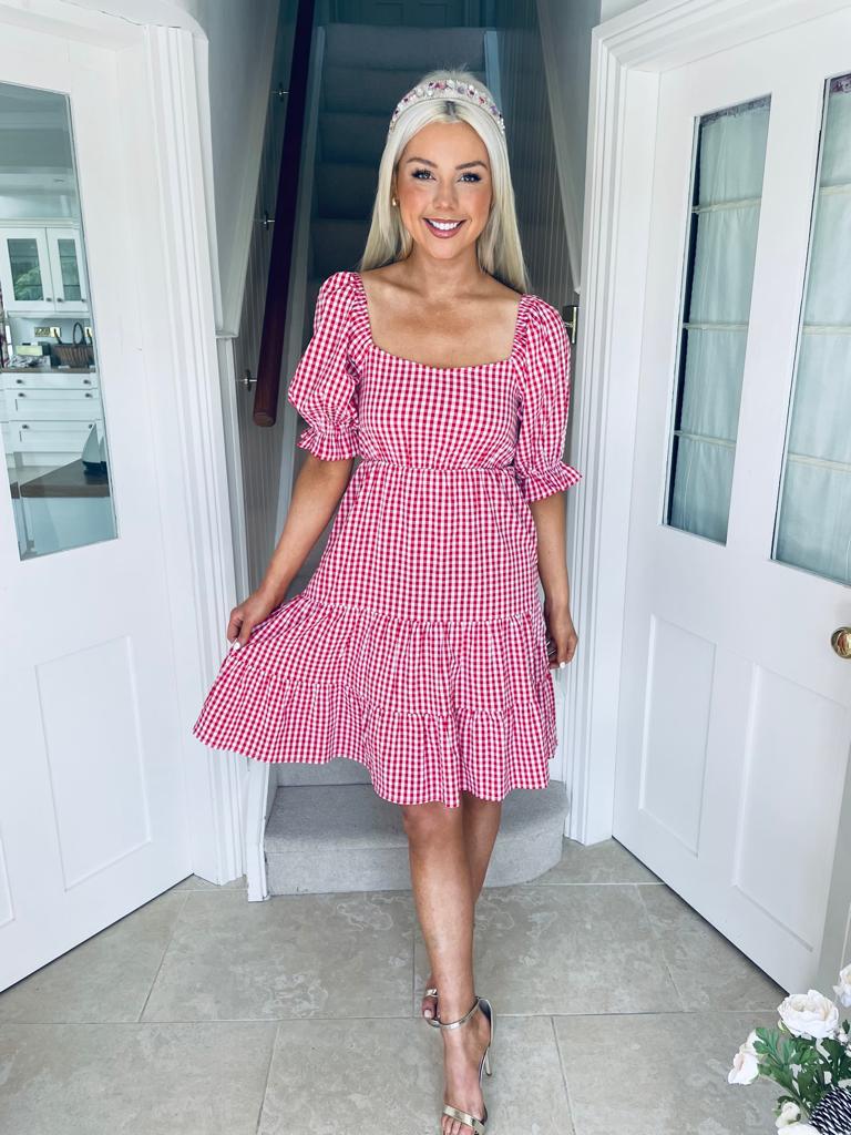 Sofia Tiered Gingham Mini Dress Red