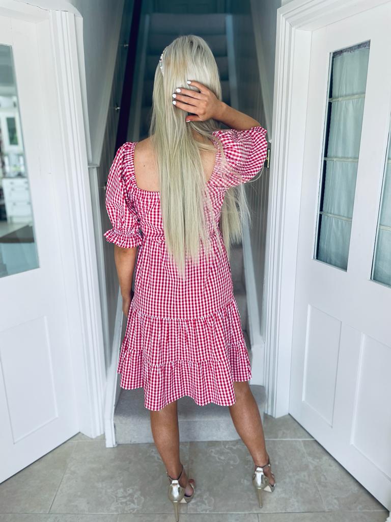 Sofia Tiered Gingham Mini Dress Red