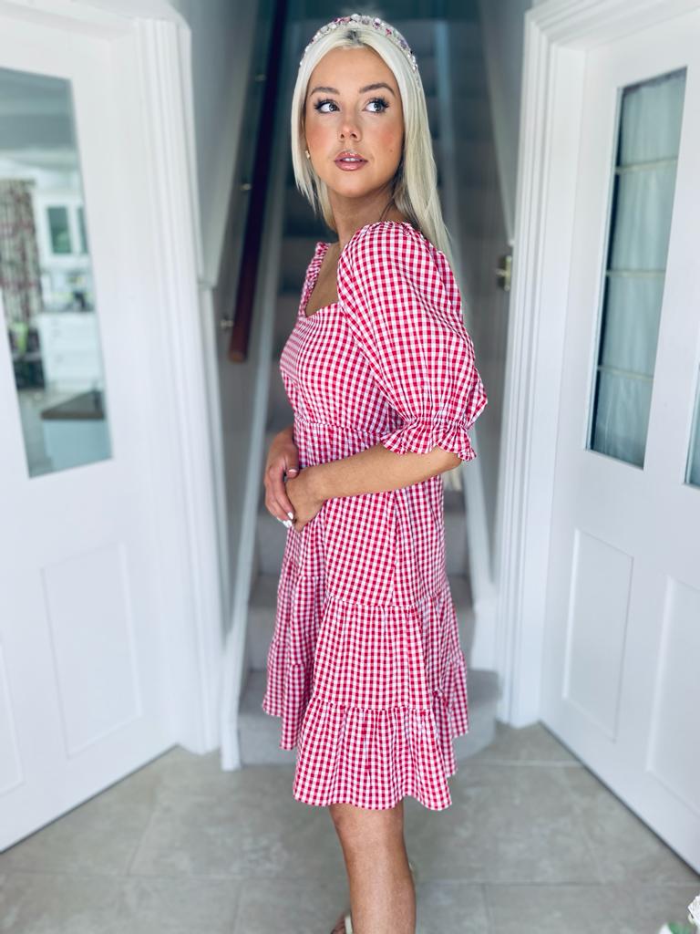 Sofia Tiered Gingham Mini Dress Red