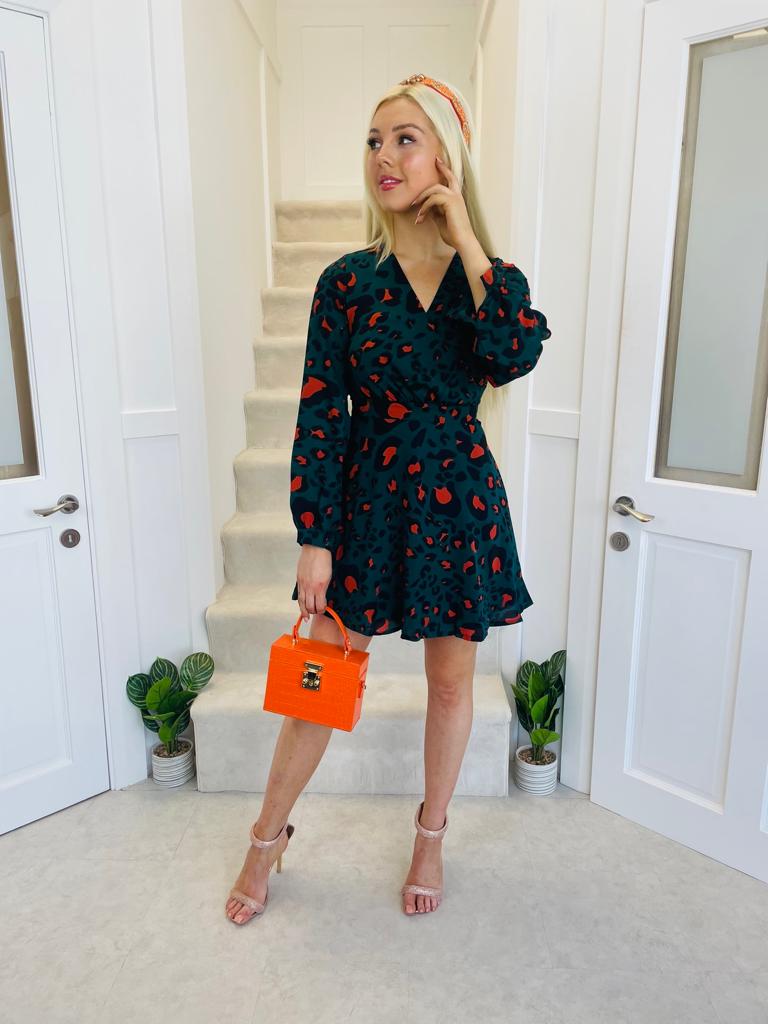 Tinsley Wrap Neck Skater Dress Emerald/Orange Leopard