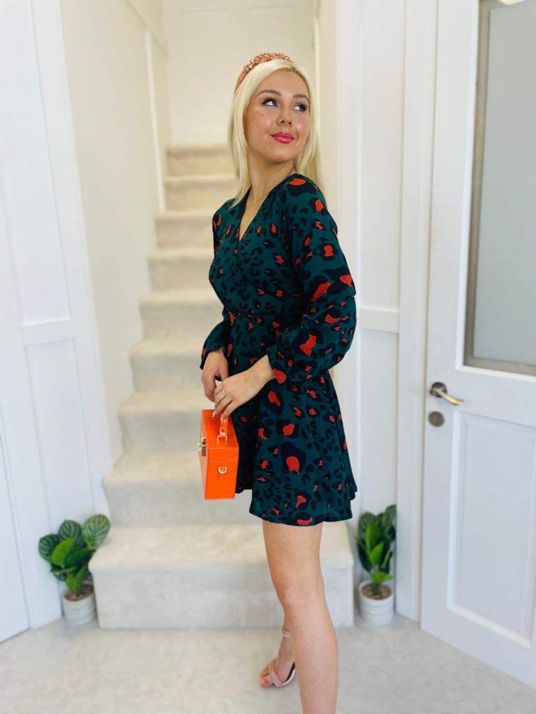 Tinsley Wrap Neck Skater Dress Emerald/Orange Leopard