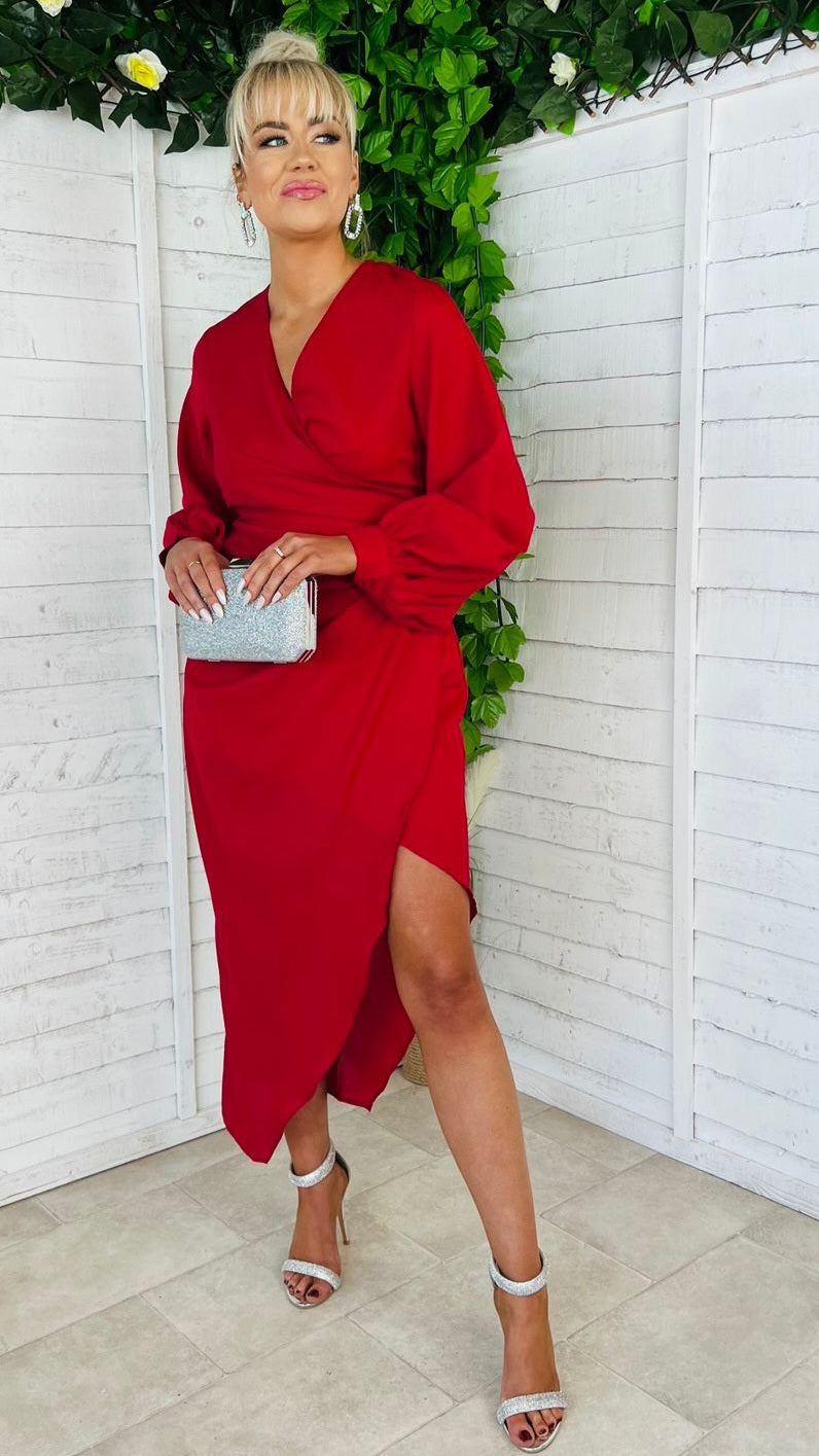 Elsa Long Sleeve Wrap Asymmetric Dress Red