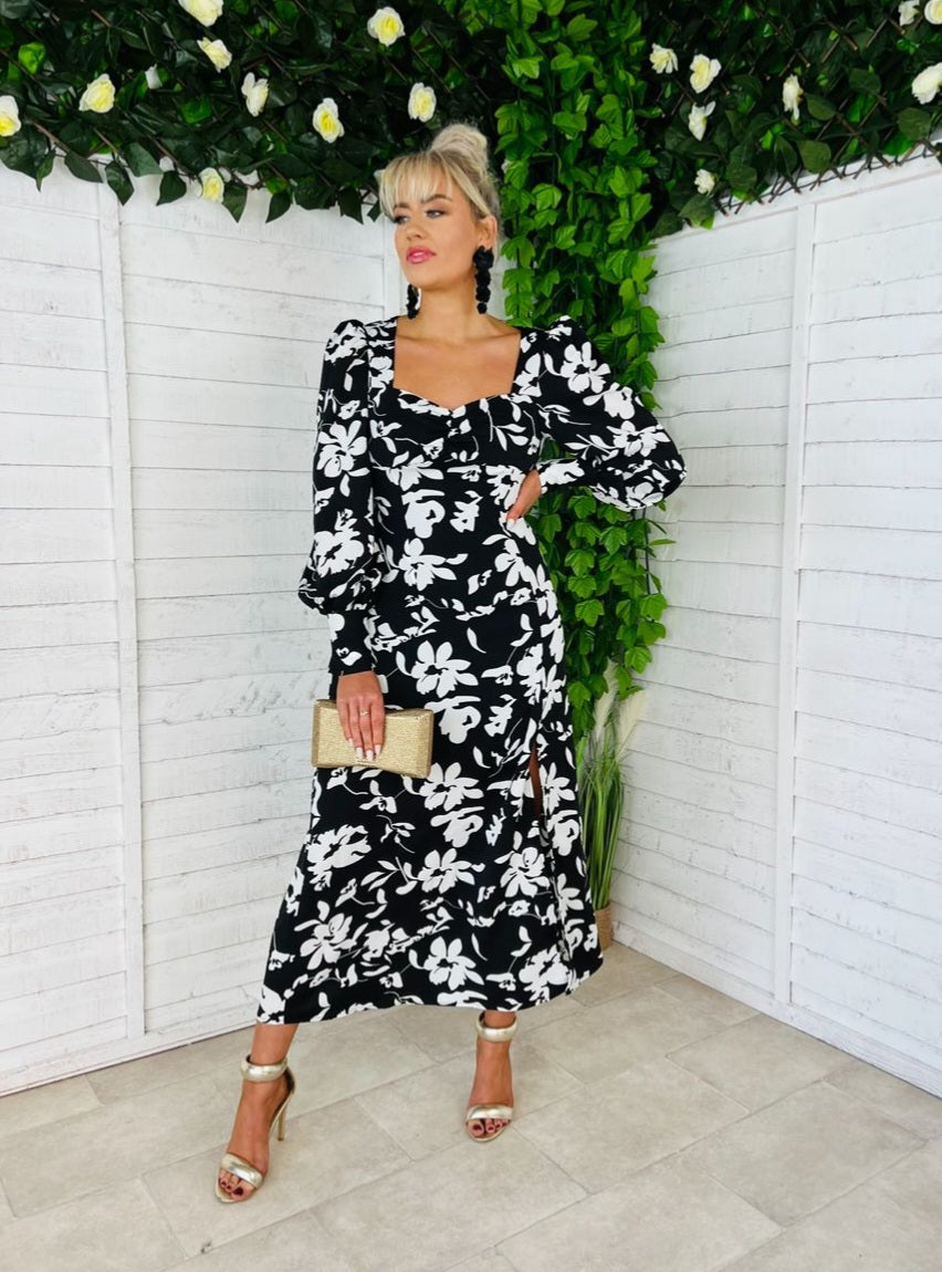 Olive Midi Dress Floral Monochrome