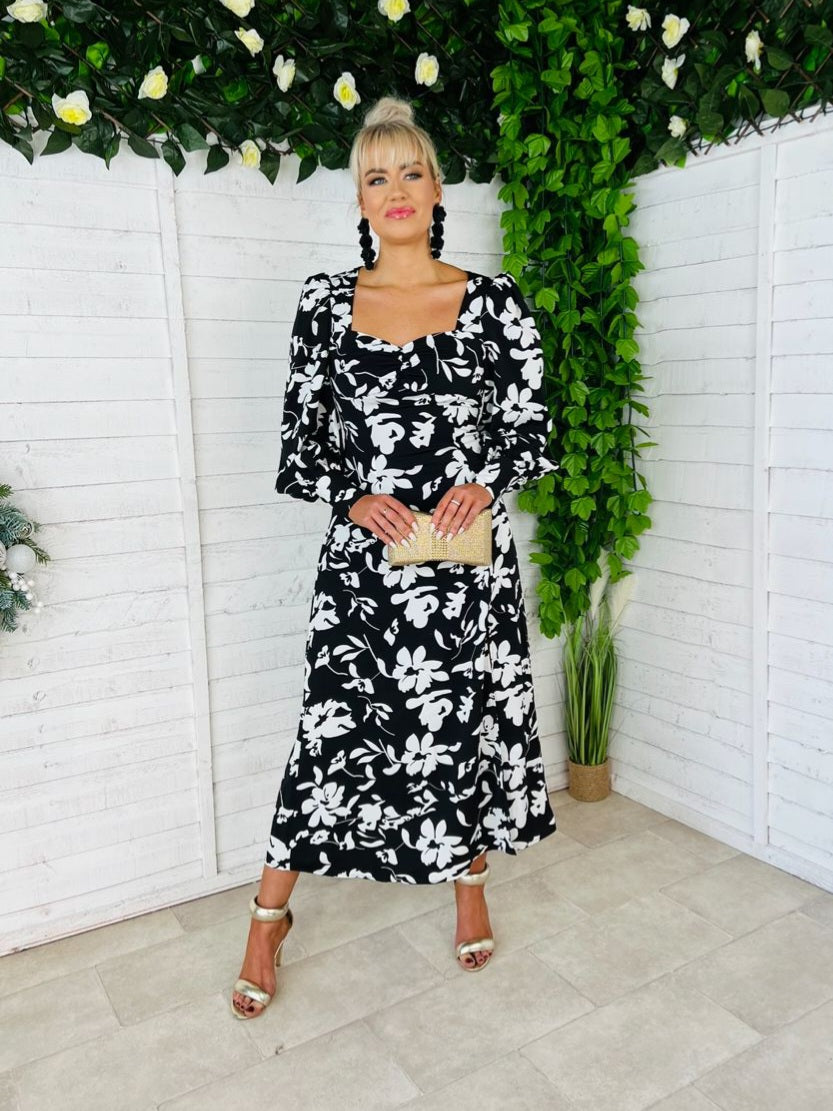 Olive Midi Dress Floral Monochrome