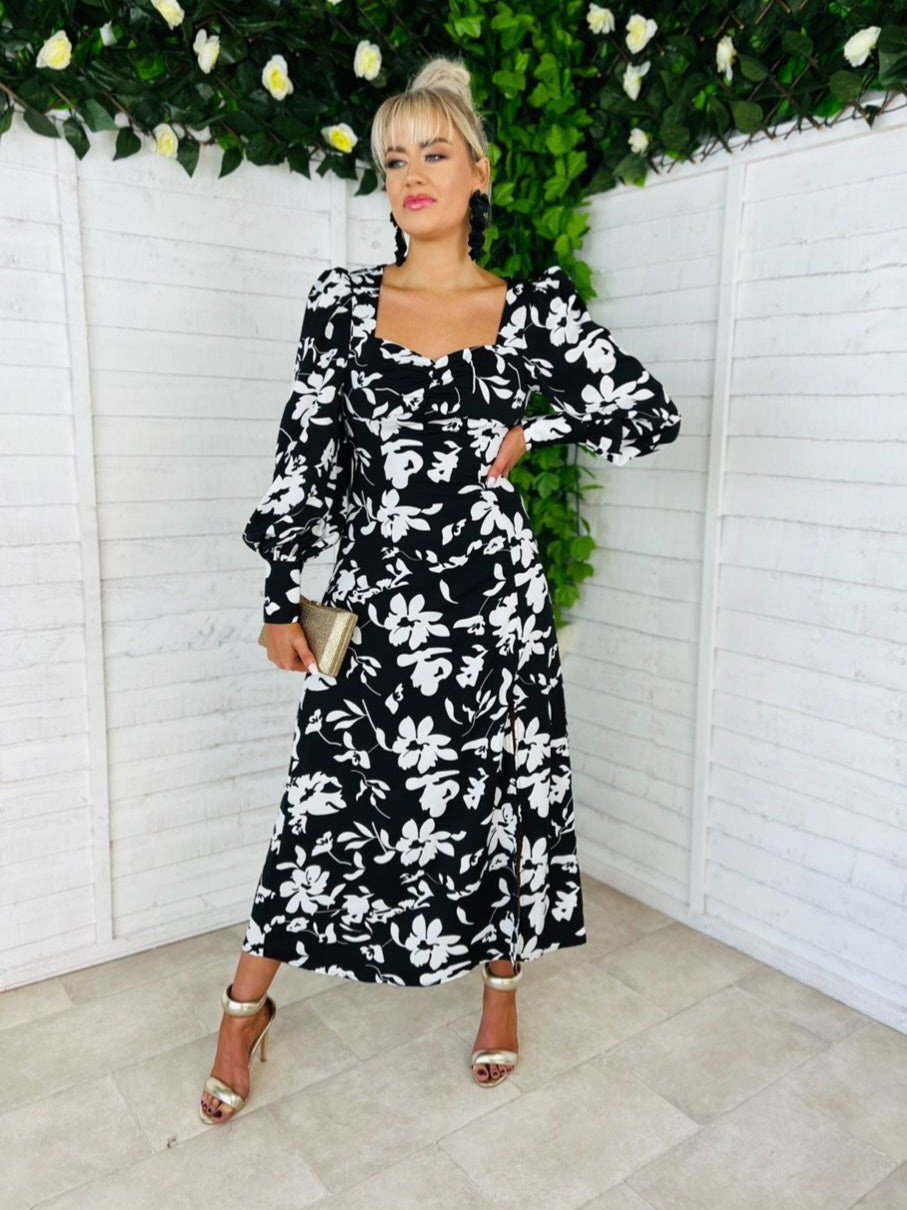 Olive Midi Dress Floral Monochrome