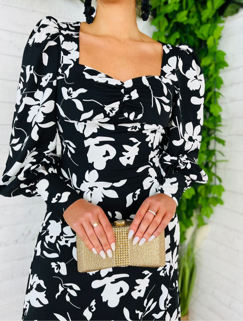 Olive Midi Dress Floral Monochrome