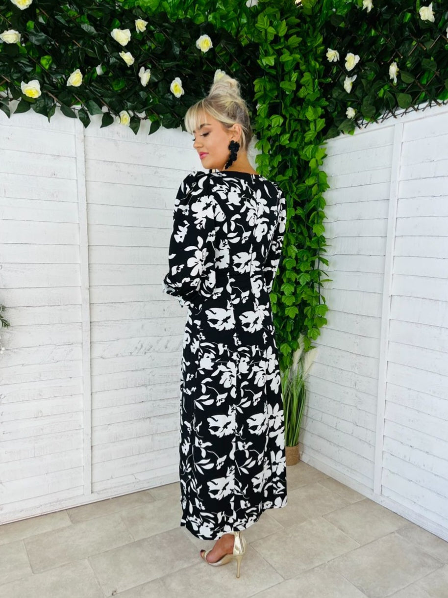 Olive Midi Dress Floral Monochrome