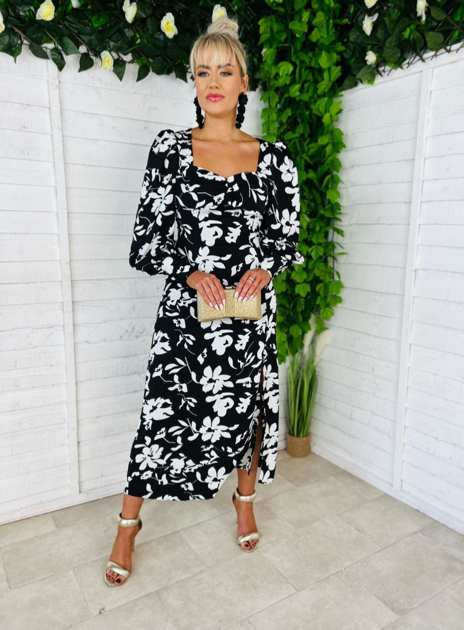 Olive Midi Dress Floral Monochrome