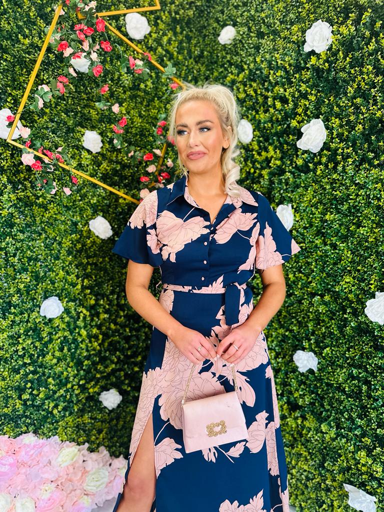 Roxana Shirt Detail Midi Dress Floral Navy